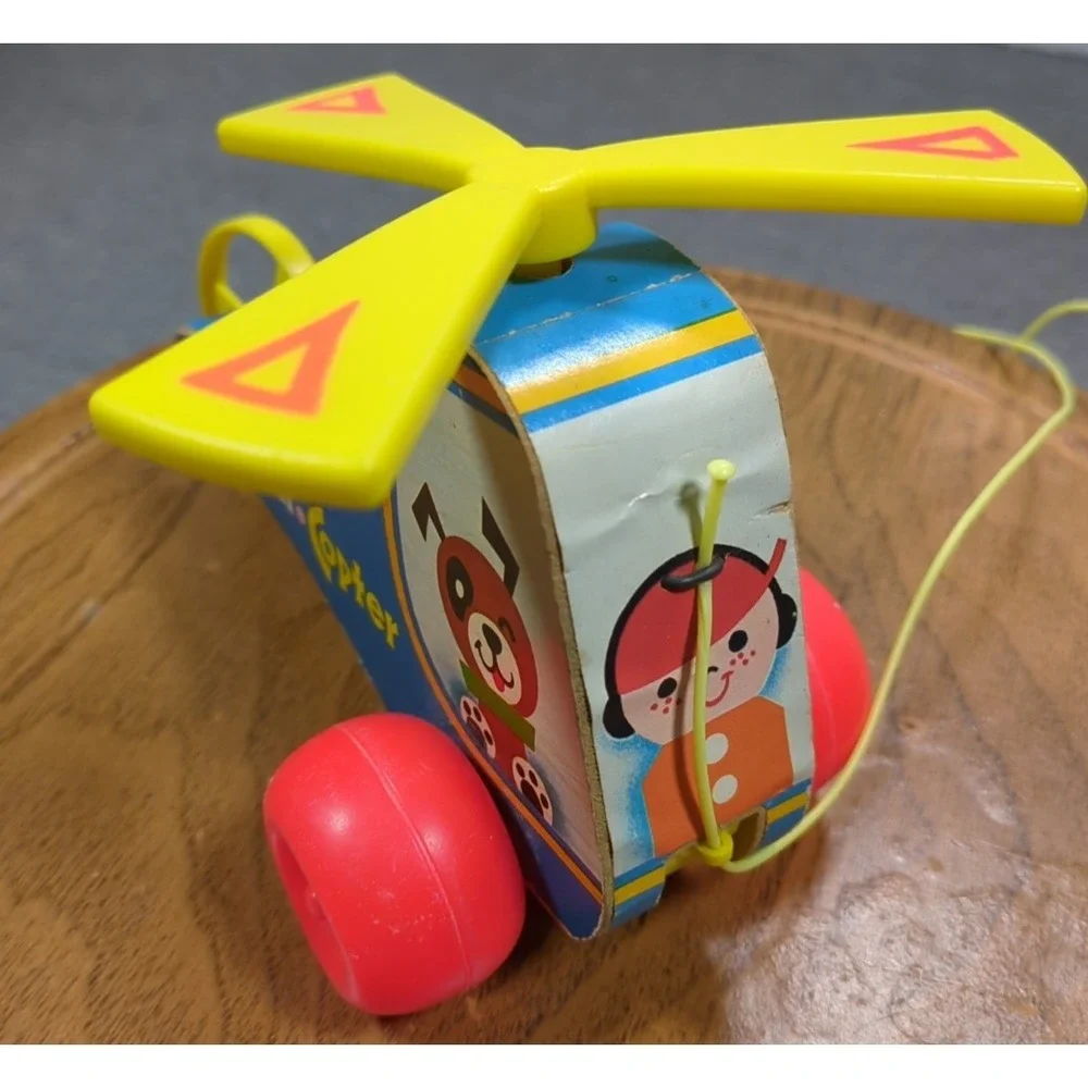 Vtg 1970 Fisher Price Mini Copter Pull Toy 448 Wood Helicopter Works Gnawd Strng